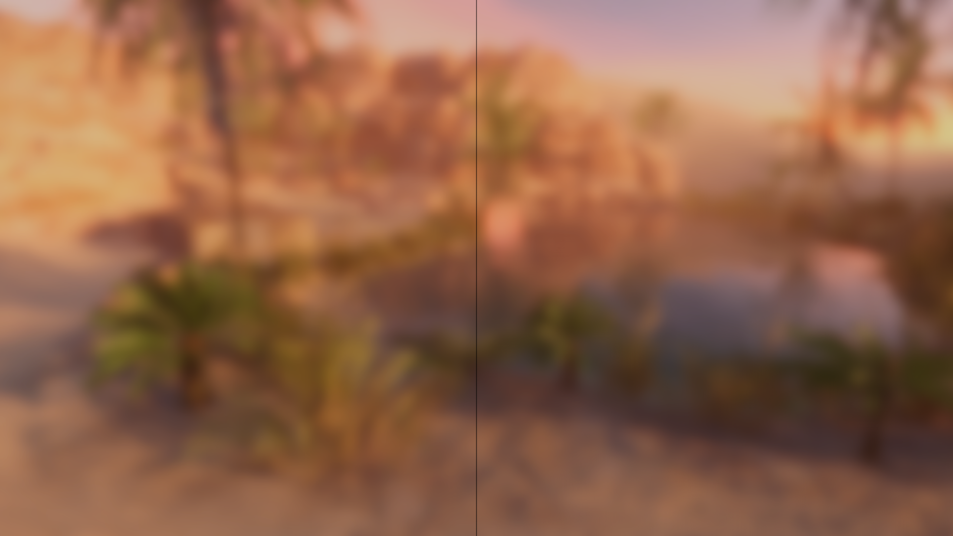 A Guassian blur effect applied to the URP Sample Assets Oasis scene, with the left hand size using step size 1 and the right hand size using step size 2 (sparse kernel).