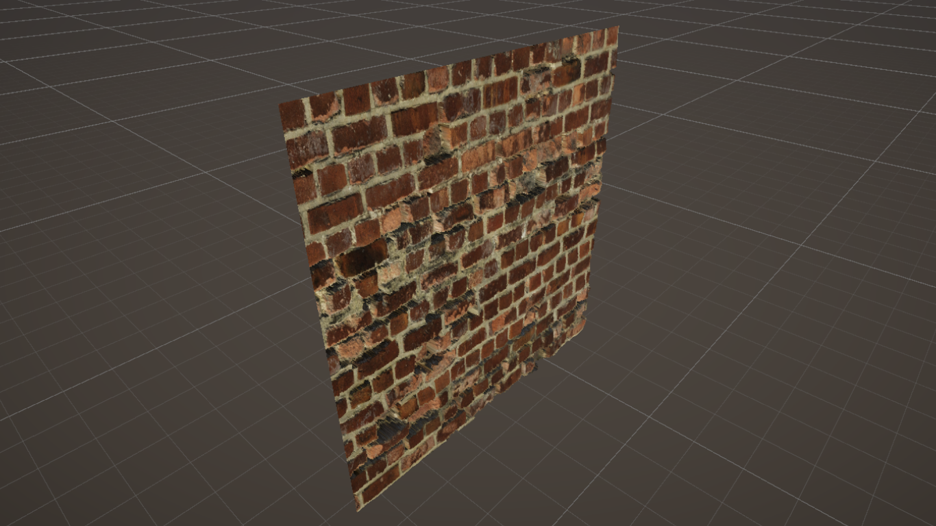 A brick wall with silhouette parallax occlusion mapping, which makes the right-hand side and bottom edges of the object have a far nicer silhouette than they otherwise would have.