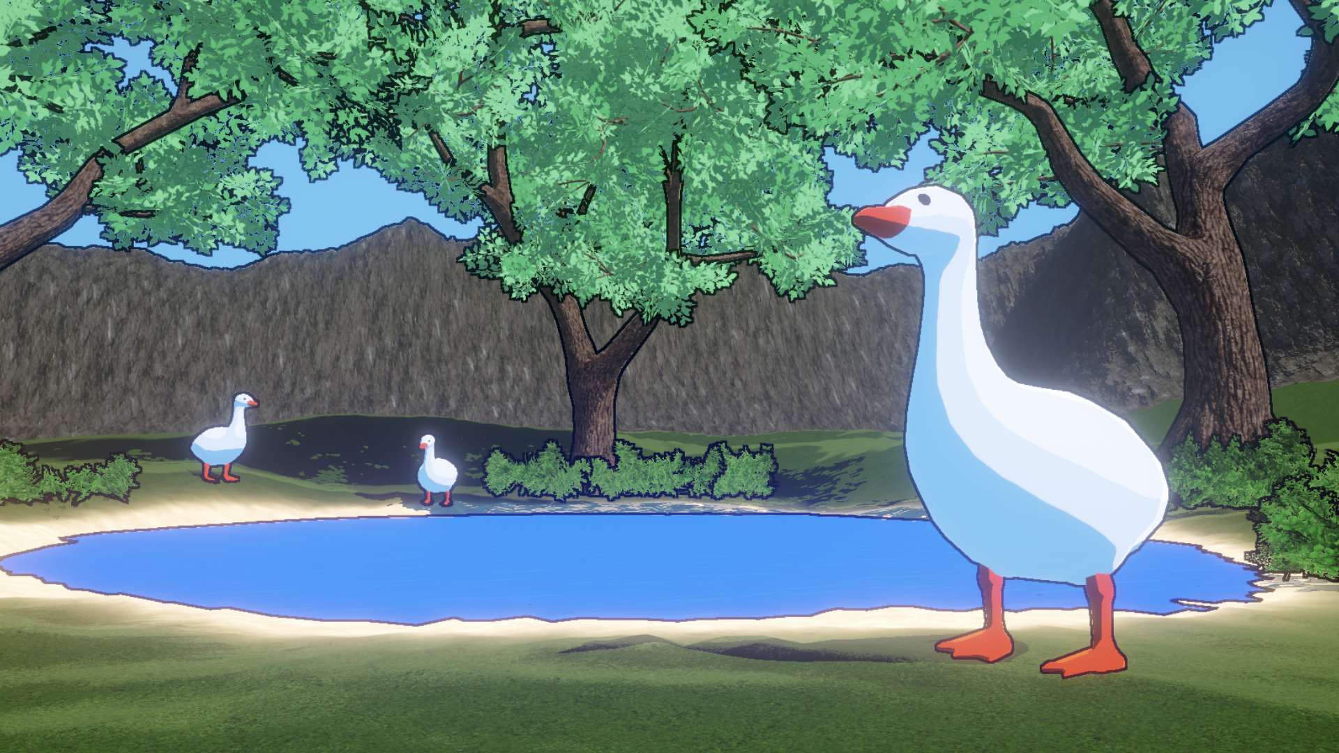 A toon shader applied to a scene with a few geese next to a lake.