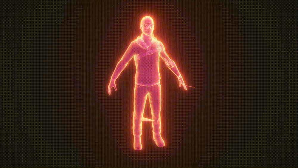 A mesh with a hologram effect applied, currently mid-glitch.