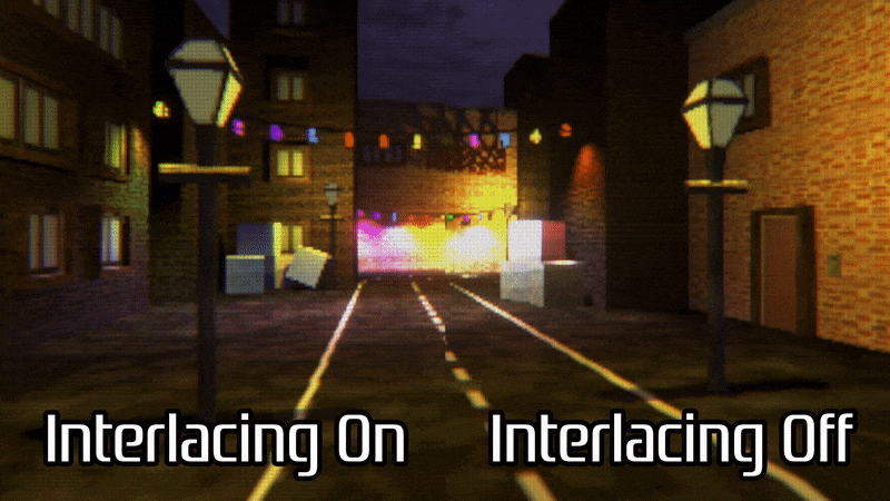 Interlaced screen output by rendering alternating lines each frame. Interlaced screen output by rendering alternating lines each frame.