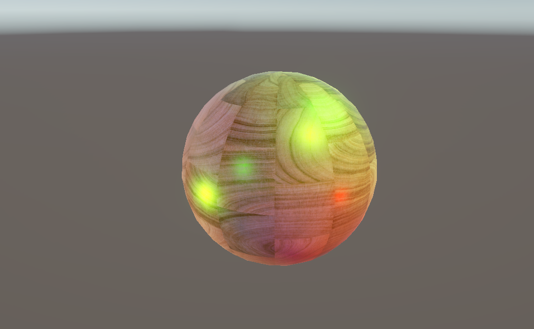 Colorful lights reflecting off a sphere which uses green specular color.