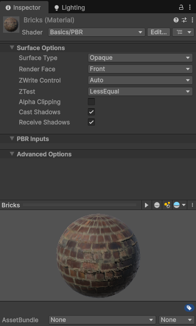 The Surface Options section of the PBR custom shader GUI.